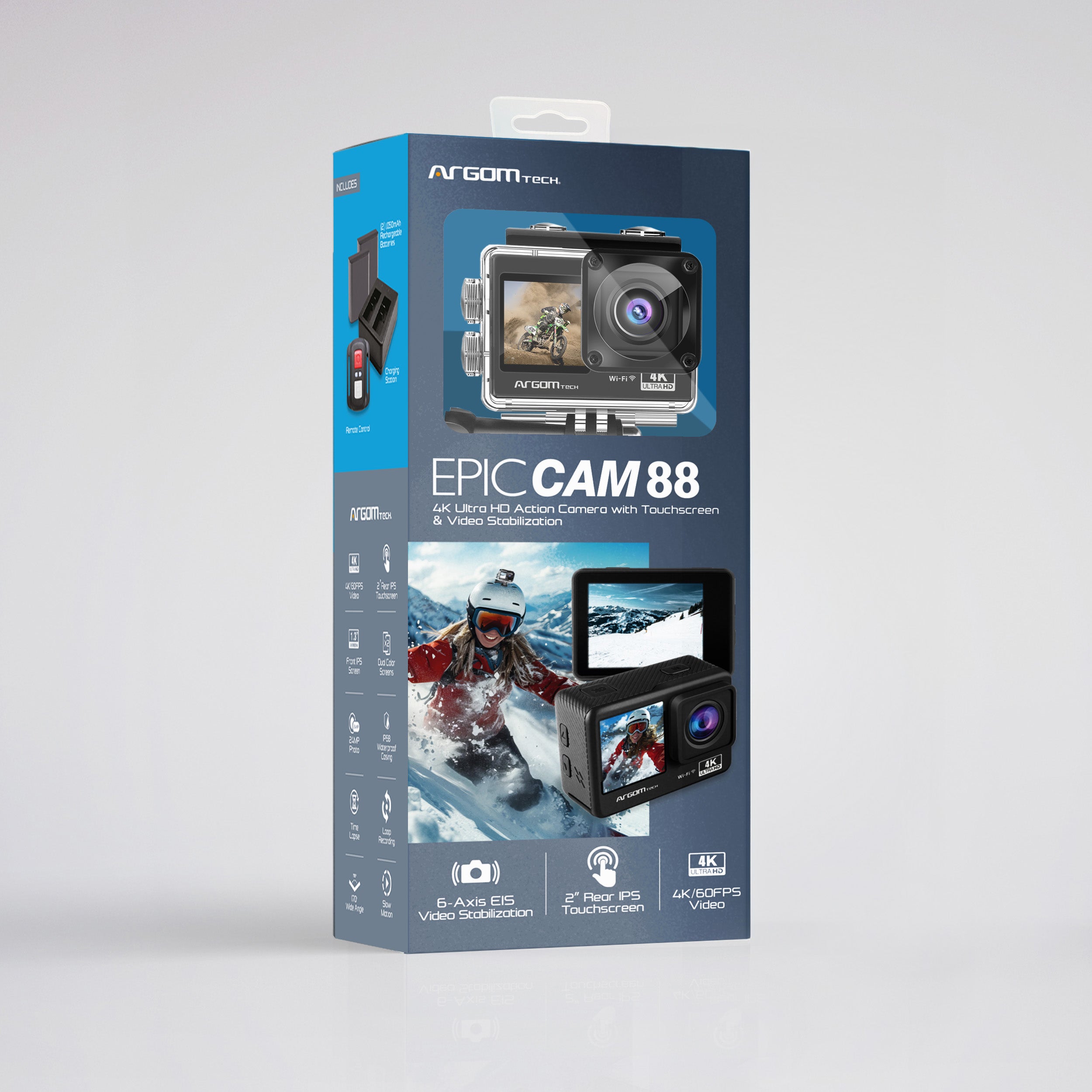 Epic 88 4K/60FPS UHD Action Camera - Touchscreen, 6-Axis EIS, Dual